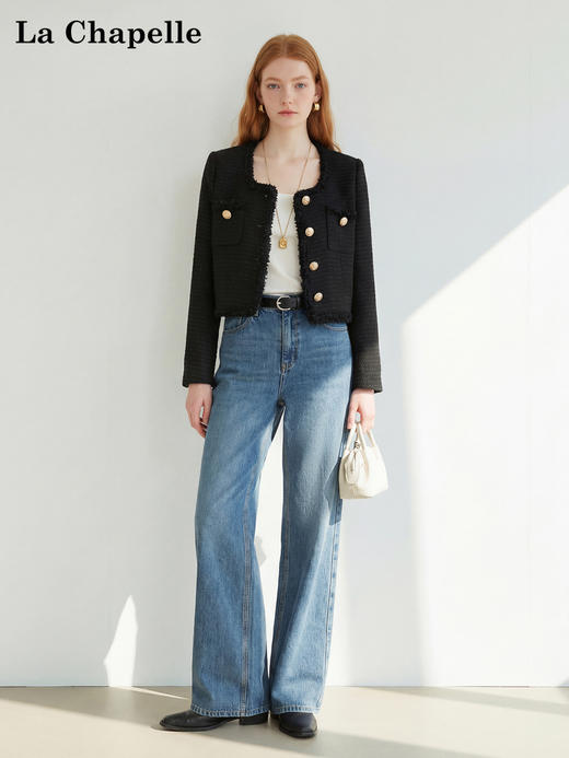 天猫同步【羊毛混纺】拉夏贝尔/La Chapelle法式U领排扣圆领小香风短外套春秋新款小个子气质短上衣 商品图1