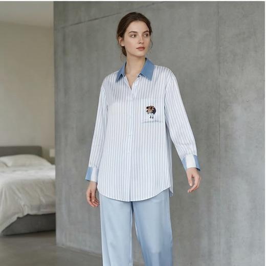 桑罗SANGLUO萌趣旺旺条纹印花衬衫裙桑蚕丝女长袖家居服度假小狗可外穿【19姆米素绉缎，100%桑蚕】03B23152 商品图3