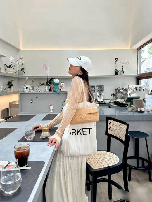 CHANEL Vintage 冰格 香槟色 金扣 羊皮 横版 法棍 链条包 商品图3