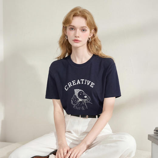 西遇2026夏季新款蝴蝶结印花短袖T恤女圆领正肩宽松显瘦百搭上衣E0060196 商品图2