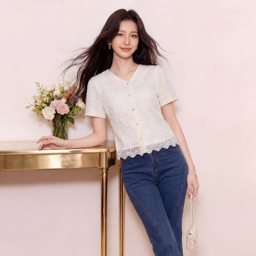 奢姿大码女装2026夏季胖妹妹时尚亮片蕾丝V领上衣气质减龄衬衫9962254627 商品图3