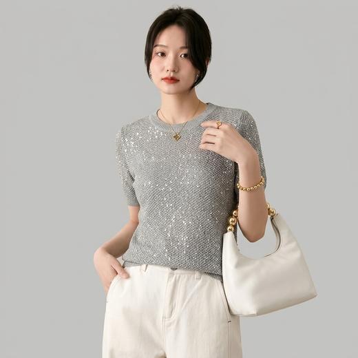 星辰摇曳~圆领亮片正肩百搭短袖女天丝亚麻针织衫休闲宽松KSM7211 商品图3