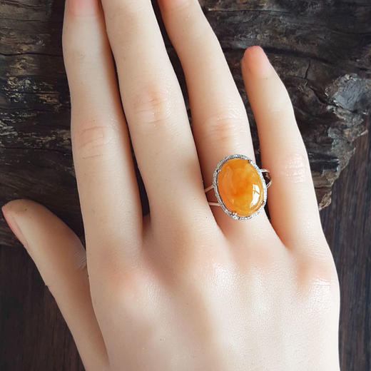 【天然正品】A货翡翠AU750白金镶钻镶天然细腻细豆种蛋面黄翡翡翠戒指18号（皆取最大值）141125AH11 商品图7