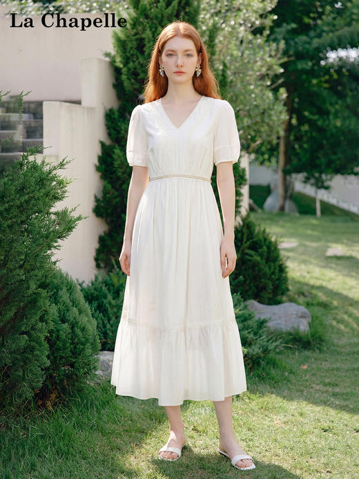 天猫同步【天丝莱赛尔】拉夏贝尔/La Chapelle蕾丝V领拼接钉珠短袖连衣裙女小个子法式气质短袖中长裙 商品图2