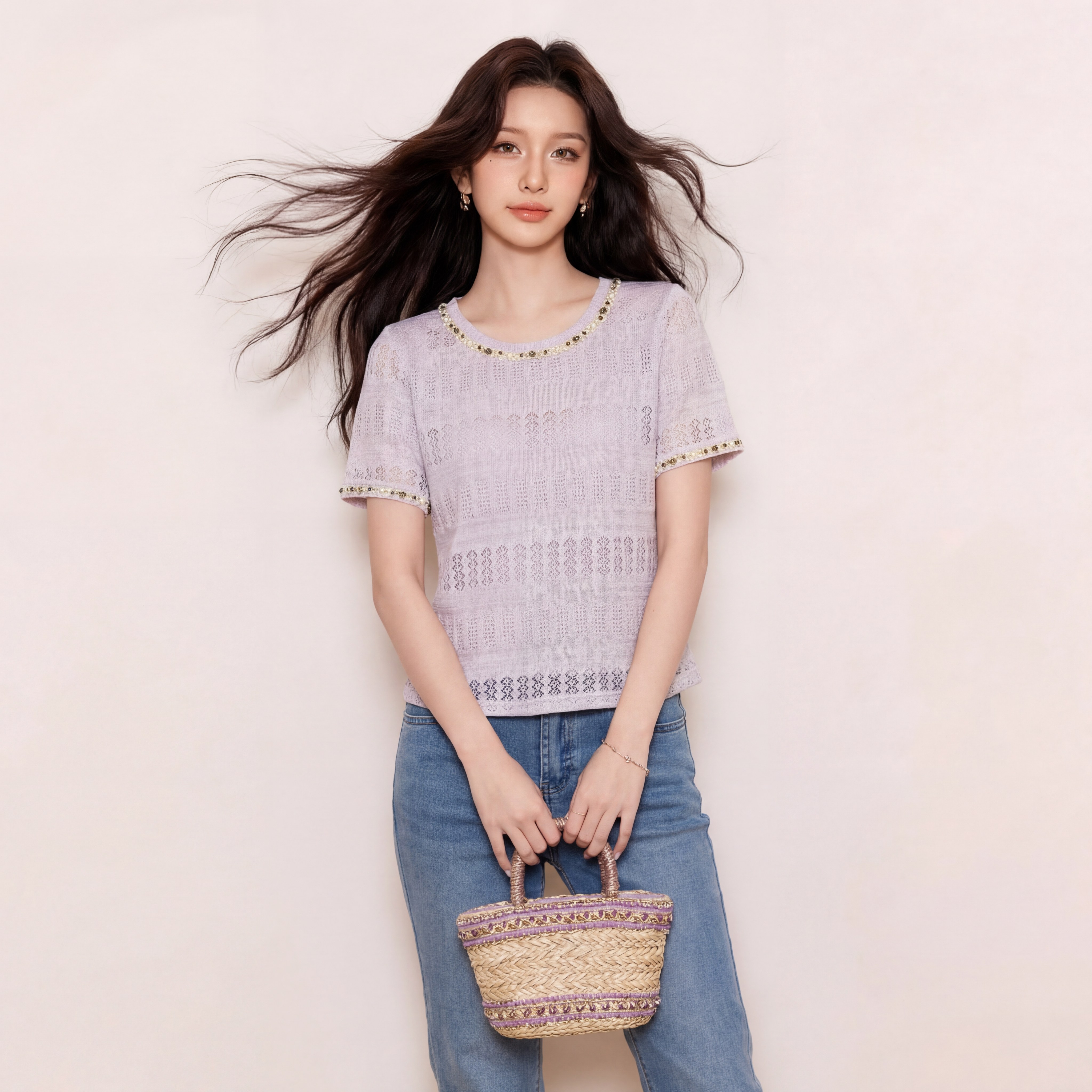 奢姿大码女装2026夏季钉珠花边减龄针织衫胖妹妹镂空圆领时尚上衣9962260089