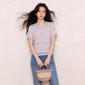 奢姿大码女装2026夏季钉珠花边减龄针织衫胖妹妹镂空圆领时尚上衣9962260089