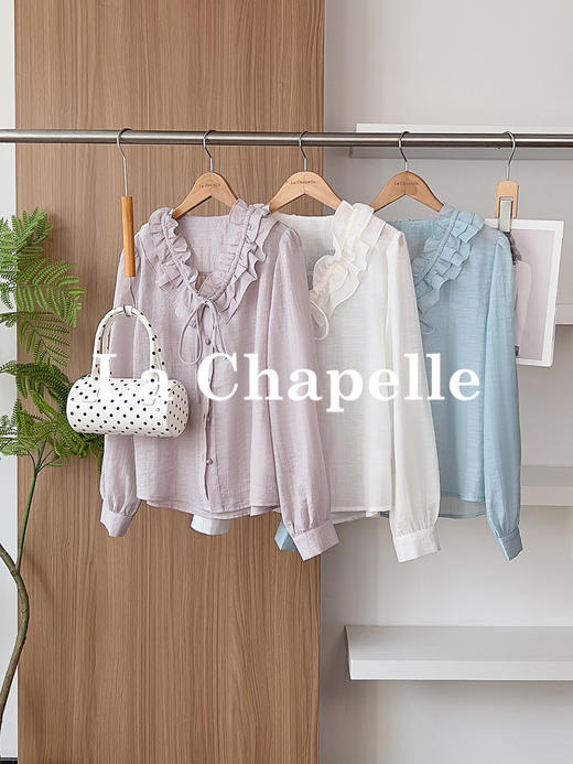 专柜实拍【醋酸+天丝！轻奢】拉夏贝尔/La Chapelle甜美减龄！莱赛尔醋酸混纺~气质好穿木耳边系带衬衫宽松显瘦上衣 商品图0