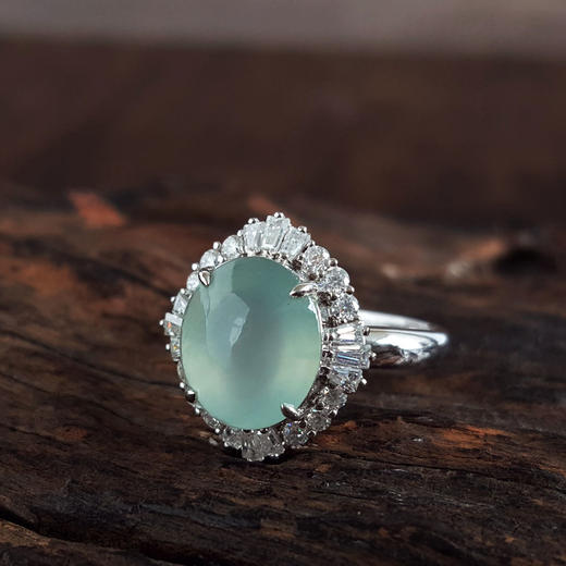 【天然正品】A货翡翠AU750收藏级白金镶天然细腻白色高冰种蛋面翡翠戒指13号（戒圈可改）141125AH15 商品图3