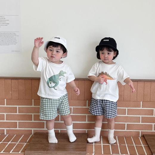 叮当可可韩国童装夏季新款儿童棉质可爱恐龙短袖格子短裤男女套装90-140 商品图0