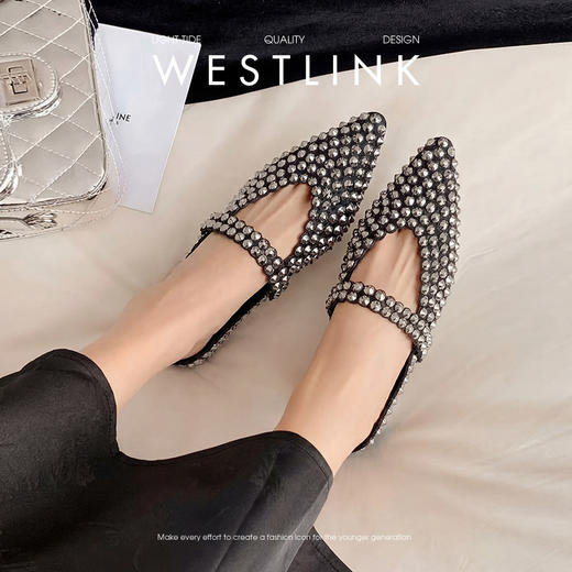 西遇包头半拖鞋女2026夏季新款水钻尖头绝美一脚蹬平底玛丽珍凉拖V0666390 商品图1
