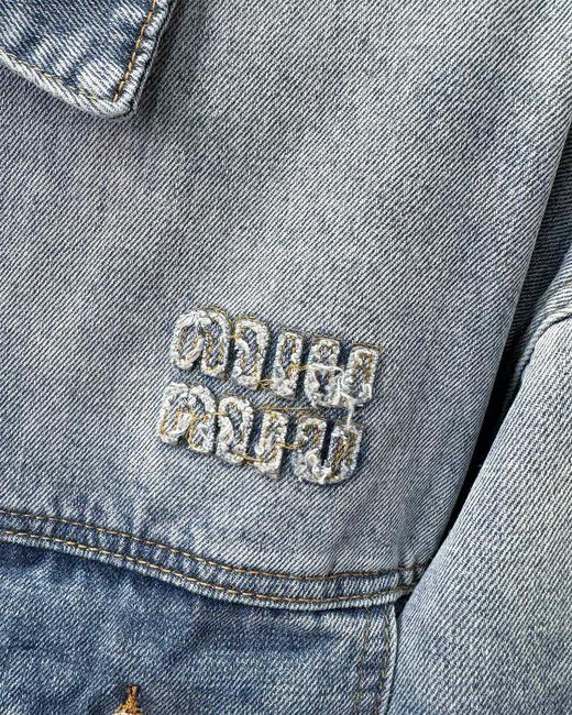 F040712春夏季新款复古水洗牛仔字母贴布绣拼色牛仔夹克长袖外套 商品图3