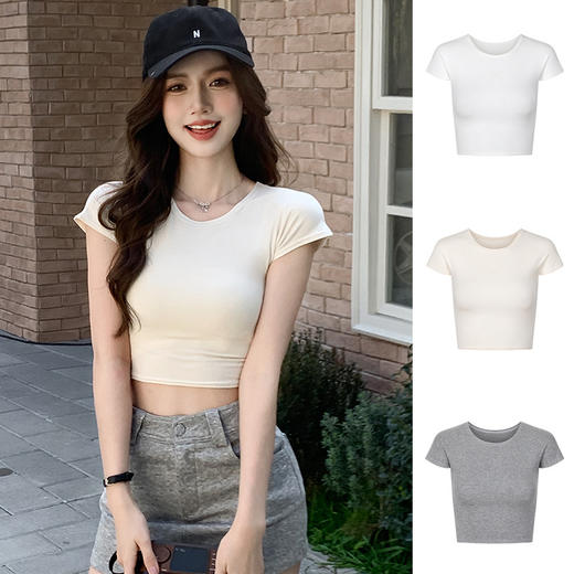 买一送一修身露脐上衣设计简约夏季短袖感休闲百搭短款t恤女新款辣妹 商品图0