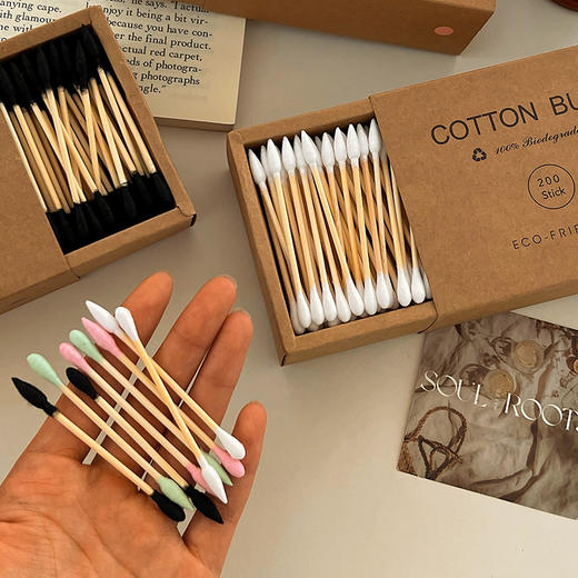 【双头多用！便捷卫生】200支装~牛皮纸盒化妆棉签环保竹木清洁卸妆掏耳朵专用双头棉花棒。xb 商品图3