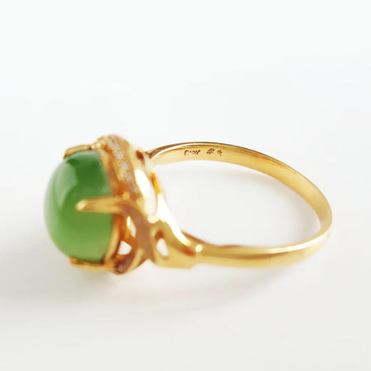 【天然正品】AU750黄金镶天然细腻菠菜绿无黑点碧玉猫眼和田玉戒指15号（皆取最大值）141125AH29 商品图2