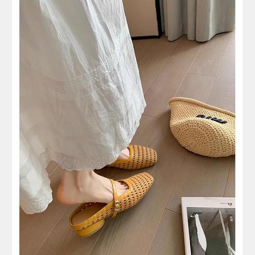 复古编织镂空方头一字带粗跟凉拖穆勒半拖鞋女夏新款 商品图0