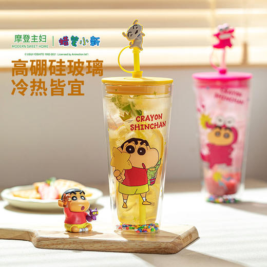 摩登主妇 蜡笔小新双层玻璃杯夏天高颜值杯子果汁杯吸管水杯 商品图1