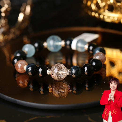 【祈愿吉品】海蓝宝手链蓝虎眼黑金超七黑碧玺水晶手链女款 商品图0