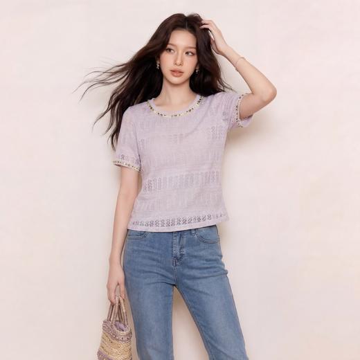 奢姿大码女装2026夏季钉珠花边减龄针织衫胖妹妹镂空圆领时尚上衣9962260089 商品图3