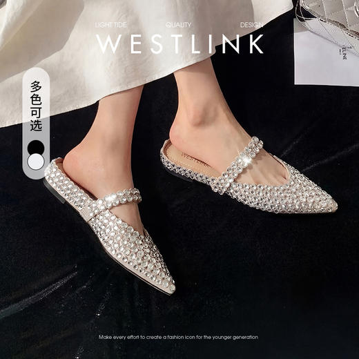 西遇包头半拖鞋女2026夏季新款水钻尖头绝美一脚蹬平底玛丽珍凉拖V0666390 商品图0