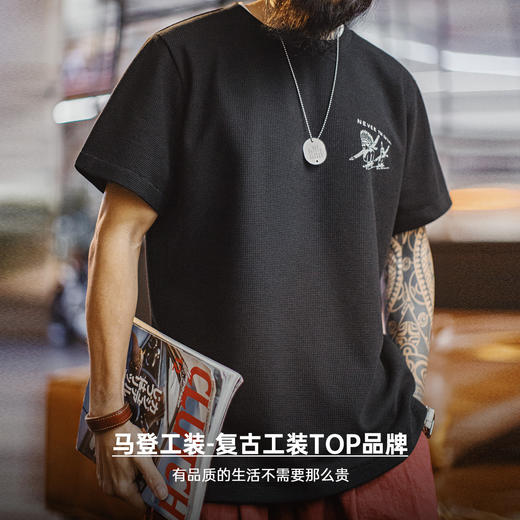 马登工装美式复古华夫格圆领短袖t恤阿美咔叽印第安印花上衣男夏 商品图4