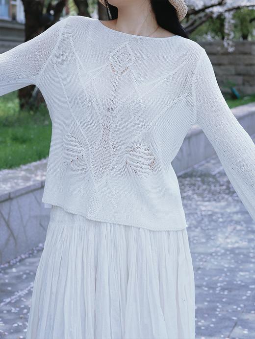 【凉感透气 清爽亲肤 天丝亚麻镂空针织衫】一字领修饰肩颈线条 微喇袖遮肉显瘦 自带氛围感 商品图5