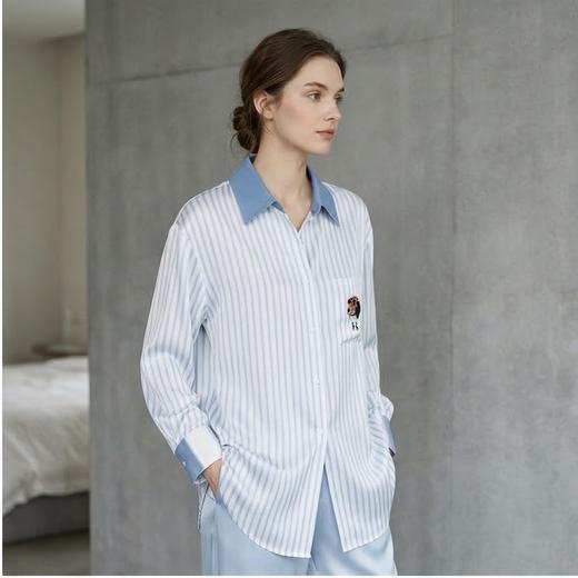 桑罗SANGLUO萌趣旺旺条纹印花衬衫裙桑蚕丝女长袖家居服度假小狗可外穿【19姆米素绉缎，100%桑蚕】03B23152 商品图4