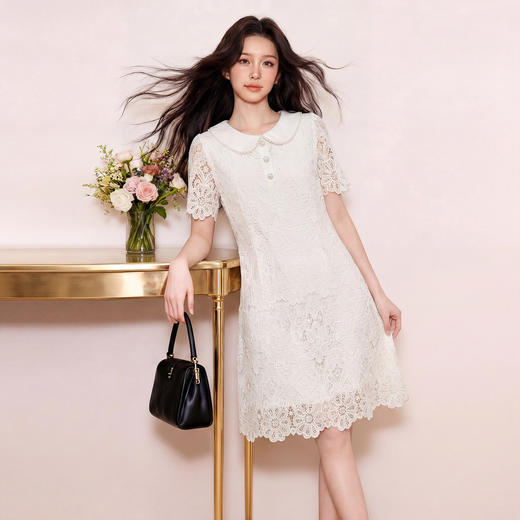 奢姿2026夏季大码女装蕾丝娃娃领连衣裙胖妹妹减龄珍珠包边A字裙9962894538 商品图2