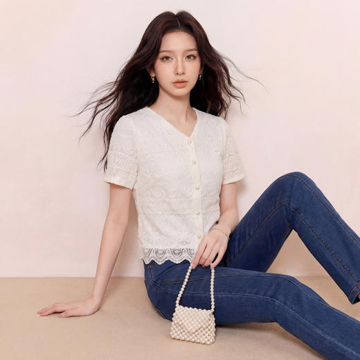 奢姿大码女装2026夏季胖妹妹时尚亮片蕾丝V领上衣气质减龄衬衫9962254627 商品图2