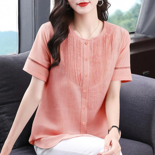 大码短袖衬衫女纯棉夏季遮肚子宽松粉色上衣洋气女装2026新款衬衣 商品图1