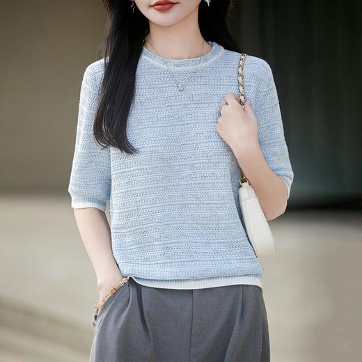 「自」全新升级【铂金会员174/天猫229/差价55】(10627)洛诗琳气质薄款亚麻棉针织T恤2026新款圆领镂空针织短袖上衣 商品图1