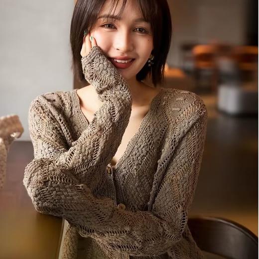 自然主义~彩扣V领 肌理感莱赛尔 亚麻立体镂空针织开衫女YM2604 商品图2