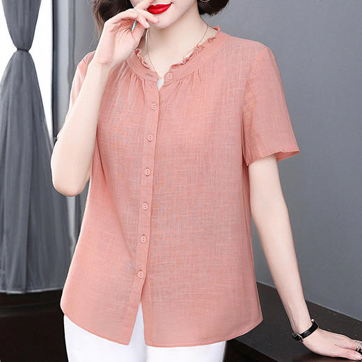 纯棉短袖衬衫女2026新款夏季洋气全棉木耳边上衣大码女装棉麻衬衣 商品图2