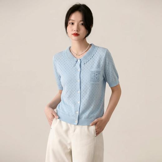 镂空格纹~高级感翻领莱赛尔钩花镂空短袖女气质显瘦针织开衫KSM99696 商品图2