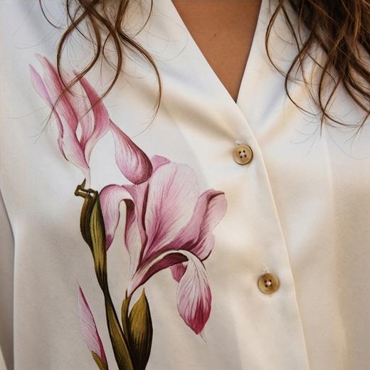 东方鸢尾』桑罗SANGLUO中式V领睡衣套装桑蚕丝女长袖家居服外穿【100%桑蚕丝,19姆米素绉缎】03B22859 商品图4