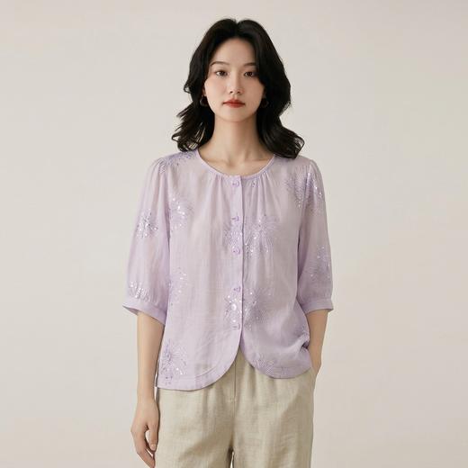 文艺珠绣~苎麻刺绣亮片圆领短袖衬衫女 凉感透气薄款衬衣ZMCR684 商品图1