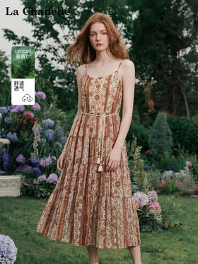 天猫同步【复古度假风】拉夏贝尔/La Chapelle莱赛尔+亚麻！流苏腰带~碎花压褶可调节肩带吊带裙女小众温柔碎花裙