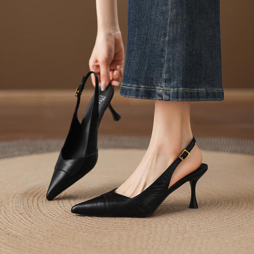 【预售5天】法式气质尖头高跟鞋夏季新款真皮浅口单鞋细跟女鞋包头凉鞋 商品图1