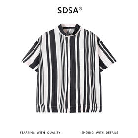 SDSA男装2026新款高贵轻奢简约撞色竖纹立领短袖衬衫百搭时尚上衣
