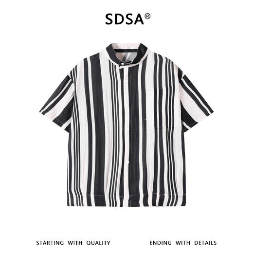 SDSA男装2026新款高贵轻奢简约撞色竖纹立领短袖衬衫百搭时尚上衣 商品图0