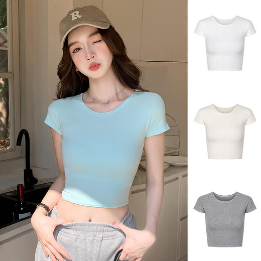 买一送一修身露脐上衣设计简约夏季短袖感休闲百搭短款t恤女新款辣妹 商品图1