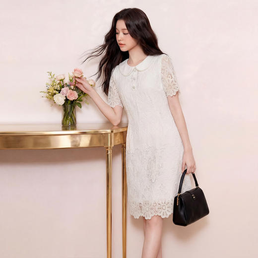 奢姿2026夏季大码女装蕾丝娃娃领连衣裙胖妹妹减龄珍珠包边A字裙9962894538 商品图1