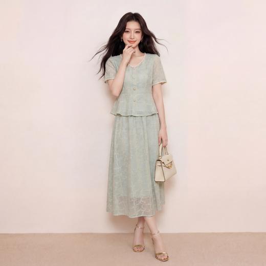 奢姿大码女装2026夏季减龄提花V领两件套胖妹妹花边名媛风套装9962954545 商品图4