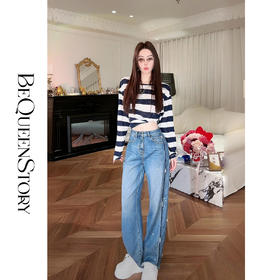 【大货捡漏，不退不换】  【星河轨迹】设计感侧边撞色烫钻珍珠点缀显瘦百搭直筒牛仔裤