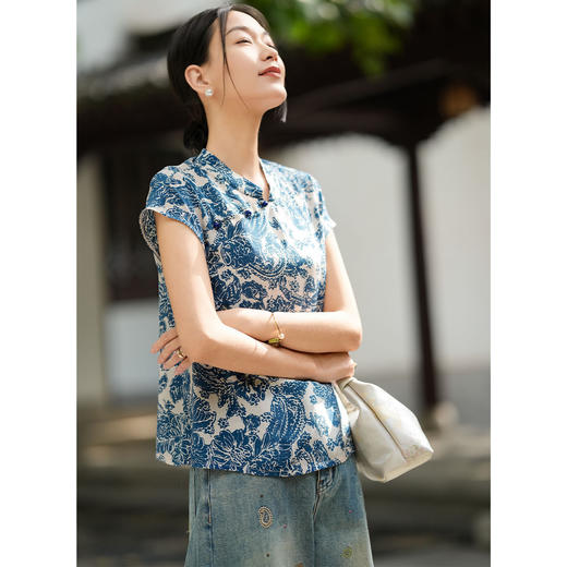 「高货kbnq」全新升级【铂金会员395/天猫529/差价134】(03852)洛诗琳轻奢真丝双绉立领上衣2026新中式国风短袖衬衫 商品图1