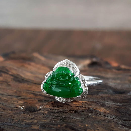 【天然正品】A货翡翠AU750白金镶钻镶天然细腻冰种满绿佛公翡翠戒指14号（戒圈可改）131125AH26 商品图3