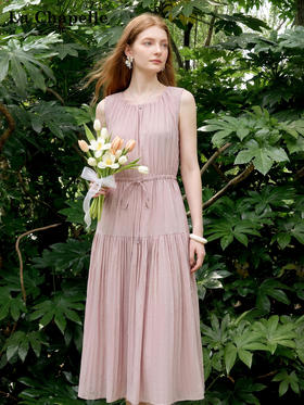 天猫同步【小众轻奢】拉夏贝尔/La Chapelle圆领压褶腰带无袖连衣裙垂坠感夏日多巴胺法式背心裙女