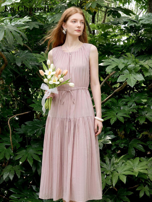 天猫同步【小众轻奢】拉夏贝尔/La Chapelle圆领压褶腰带无袖连衣裙垂坠感夏日多巴胺法式背心裙女 商品图0