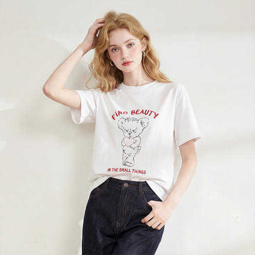 西遇韩系甜妹风小熊印花短袖T恤女2026夏季新款圆领宽松休闲上衣E0060194 商品图2