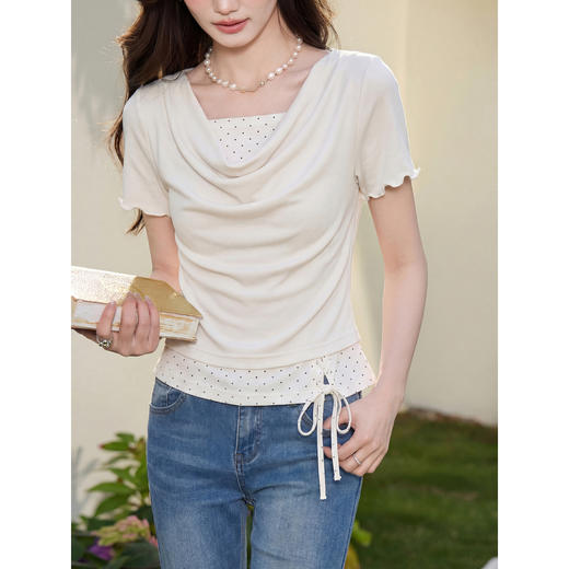 鹿向南「微风情书」杏色假两件短袖T恤女夏季新款减龄设计感上衣 商品图3