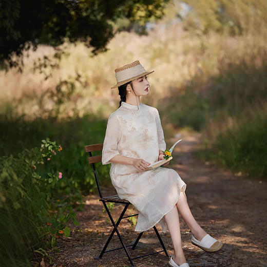 苎麻连衣裙洋气减龄五分袖立领，盘扣刺绣绣花改良旗袍裙TT-96253 商品图3